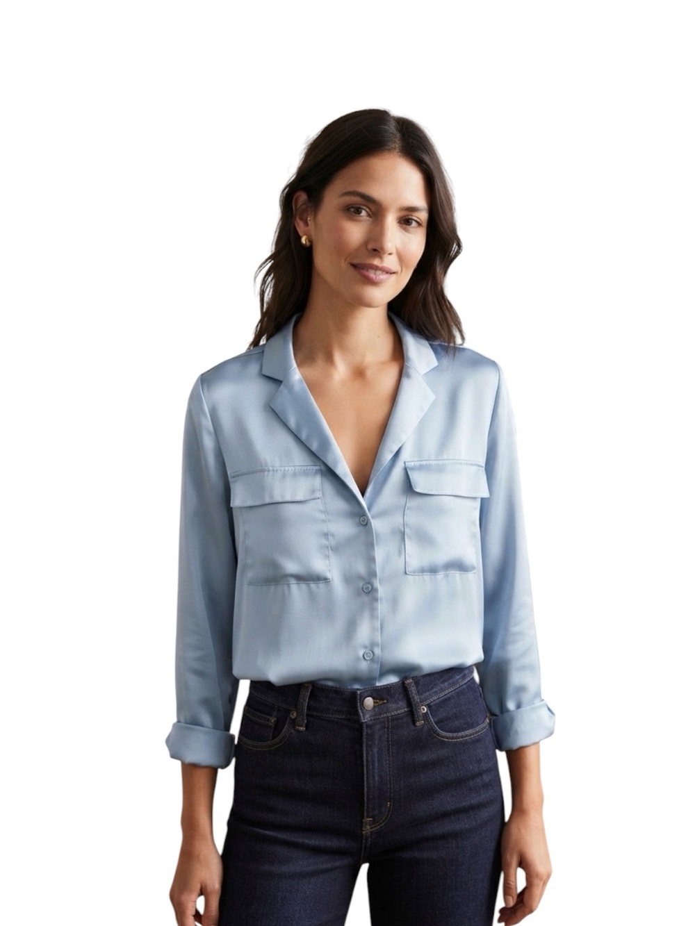 White House Black Market Light Blue Satin Button-Down Shirt Size L